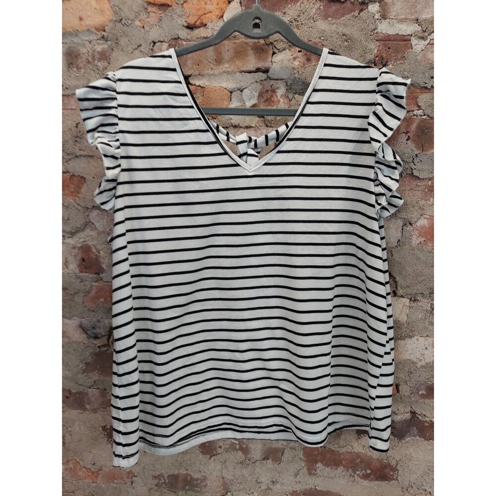 Shein Curve Womens Top 2XL White Black Striped Ruffle Sleeve Tie Back Blouse